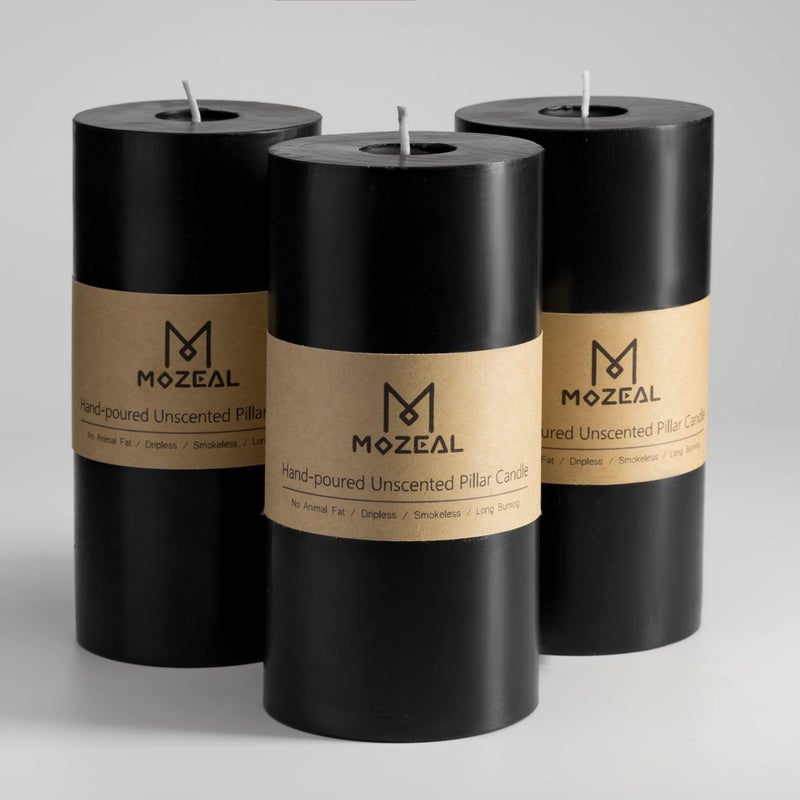 MOZEAL 3"" x 6"" Hand-Poured Unscented Candle Dripless Pillar Candle Set of 3 Long Lasting Burning Approx 120 Hours Burn Time Rustic Country Style for Wedding Dinner Christmas and Home Decor Black - Image 1